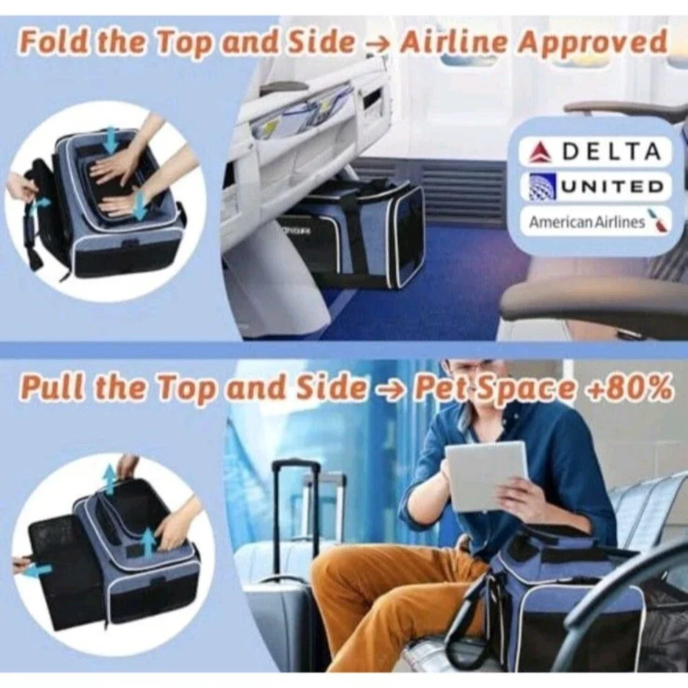 Petskd Expandable Pet Carrier 18x11x11 Blue/Black, Airline Approved, AntiScratch